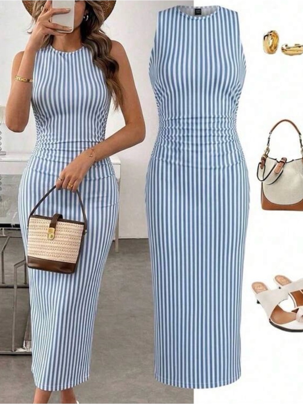 Sleeveless Navy and White Vertical Stripe Midi Dress